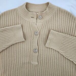 Free People Cocoa Henley Pullover Sweater Womens Medium Sugar Cookie Oversized